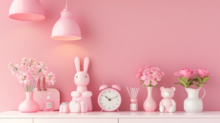 Pastel pink nursery room decor with cute toys and flowersの写真素材