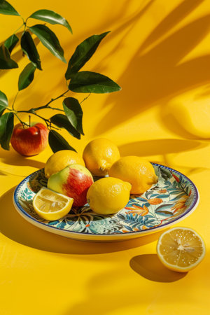Colorful still life of fresh citrus fruits on a decorative plateの写真素材