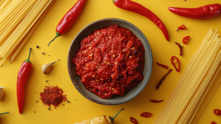 Spaghetti pasta and tomato sauce with chili peppers on yellow backgroundの写真素材
