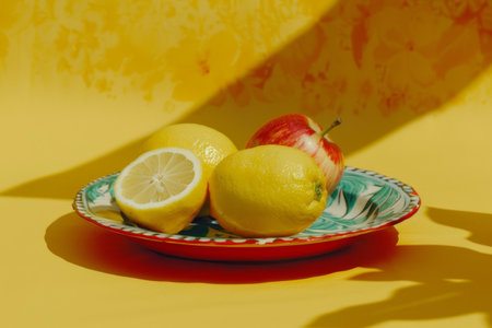Fresh lemons and apple on decorative plate with yellow backgroundの写真素材