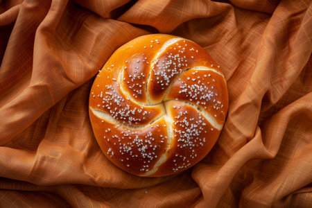 Freshly baked artisanal bread on rustic orange fabric backgroundの写真素材