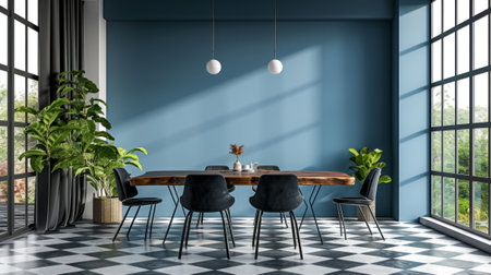 Modern dining room: stylish blue interiorの写真素材