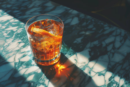 Cold refreshing cocktail glass with ice and orange peel on marble tableの写真素材