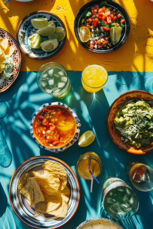Colorful mexican cuisine spread on a vibrant table with sunshineの写真素材