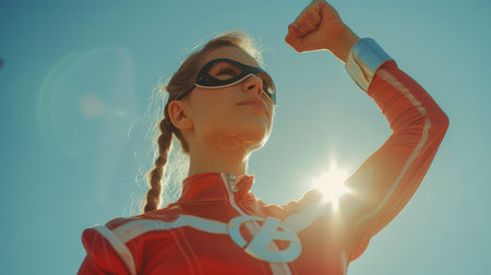 Confident female hero in costume posing against the sunlight with determination