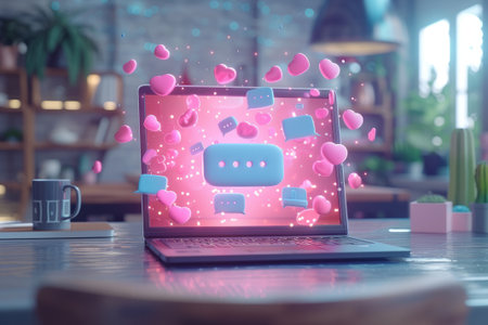 A laptop with a pink screen from which hearts and âmessageâ signs float into the air stands on a tabletop against a blurred office background. Copy space.の写真素材