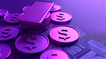 Mobile Payment and Digital Wallet Concept with 3D Dollar Coinsの写真素材