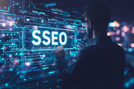 Digital Marketing Specialist Interacts with a Futuristic SEO Interface Against a Cityscape Backgroundの写真素材