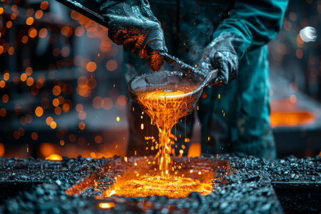 Intense action shot of molten metal being poured at a foundryの写真素材