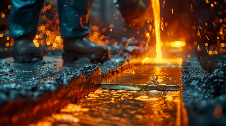 Industrial worker near molten metal pouring in metalworks factoryの写真素材