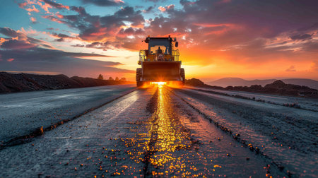 Asphalt laying machine at work on road construction site at sunsetの写真素材