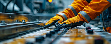 Close-up of technicians hands fine-tuning industrial machinery controlsの写真素材