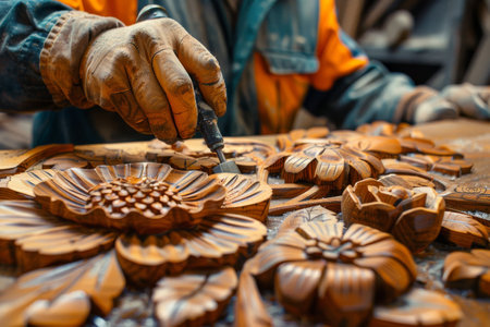 Master craftsman engraves intricate details on wooden art pieceの写真素材