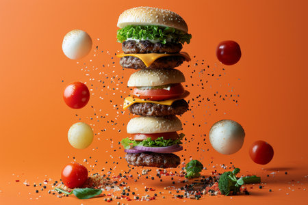 Deconstructed cheeseburger with floating ingredients on orange backgroundの写真素材