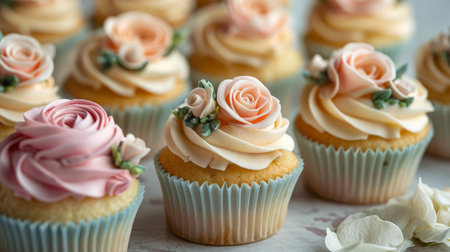 Elegant cupcakes with floral frosting decoration for eventsの写真素材