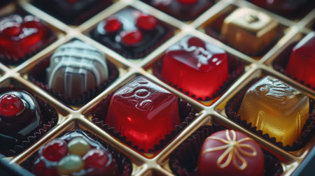 Assortment of elegant jelly candies in a luxurious gold boxの写真素材