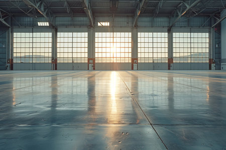 Sunset illuminating an empty airplane hangar, showcasing the vast and minimalistic industrial space