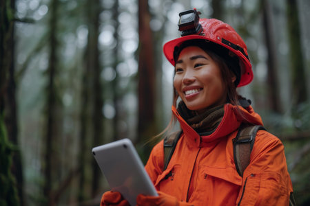 Smiling Asian forest worker in orange safety gear with tablet in the woods