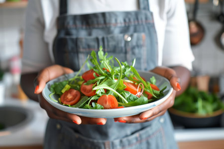 Healthy eating concept with smiling person presenting a fresh salad