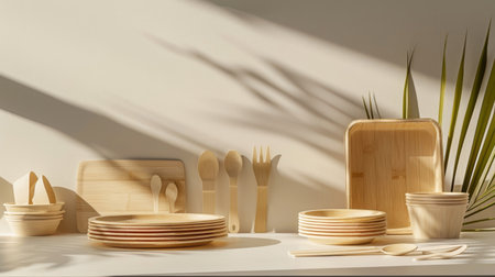 Eco-friendly bamboo kitchenware set on a bright surface with shadowsの写真素材