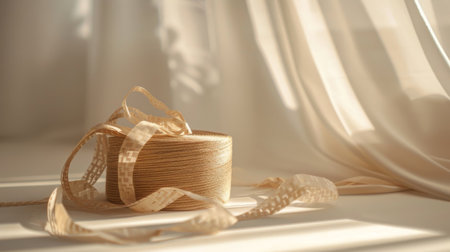 Natural jute twine roll and measuring tape on a sunlit table with soft shadows