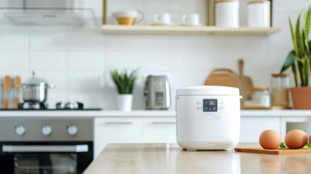 Modern white compact rice cooker on kitchen counter with sleek interior designの写真素材