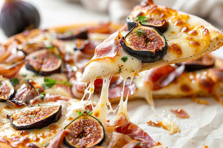 Gourmet fig and prosciutto pizza with melted cheese and fresh basilの写真素材