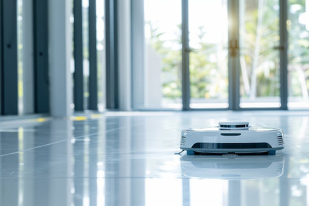 Robotic mop cleaning a spacious modern home, reflecting technology in everyday life