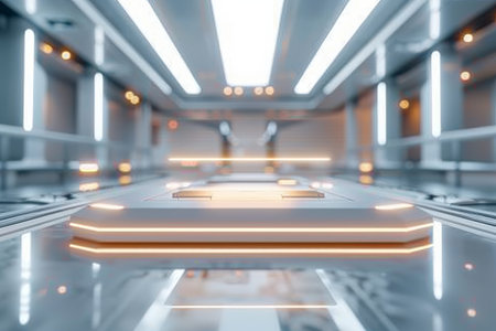 Futuristic high-key corridor with glowing lights and a sleek designの写真素材