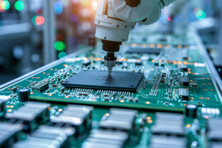 Robotic arm in action assembling electronic components on a circuit boardの写真素材