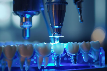 Next-generation dental laser in action on teeth model close-upの写真素材