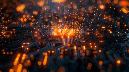 Close-up of illuminated fiber optic cables with glowing particles