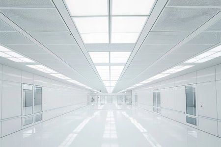 Spacious and modern semiconductor factory floor with clean white interior