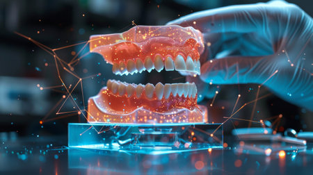Innovative 3D holographic dental technology demonstration by scientistの写真素材