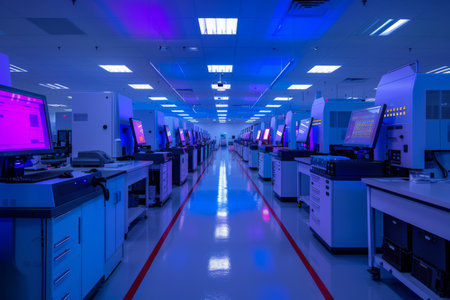 High-tech chip testing facility with advanced electronic equipment lined up