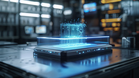 Futuristic interactive holographic display with digital cubical projections in a high-tech...