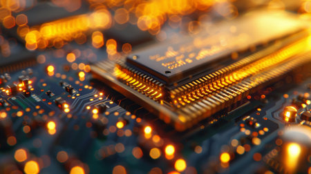 Close-up of gold-plated connectors on RAM in glowing orange light