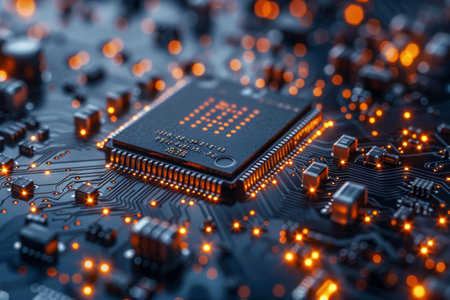 High-resolution close-up of an illuminated microchip circuit boardの写真素材