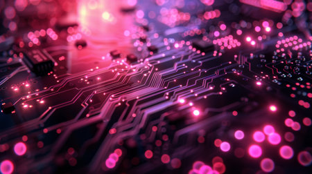 High-tech circuit board with glowing red lights close-up