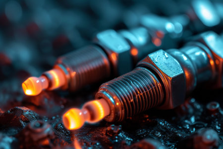 Illuminated close-up of spark plugs with selective focus on black textured background