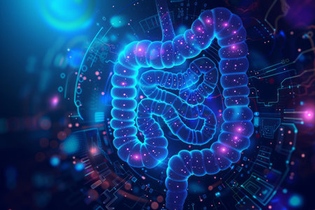 Futuristic Holographic Depiction of Human Stomach in Digestive Process with Abstract Technological Interfaceの写真素材