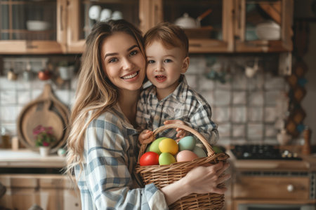 Home is where the heart is: a joyful mother and baby with a basket of Easter eggs. A loving mother and her baby in plaid shirts glow with happiness as they hold a wicker basket full of brightly colored Easter eggs in a home kitchen filled with laughter and love.の写真素材