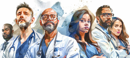 Medical team of different generations with diverse experience on a white background. Representing...