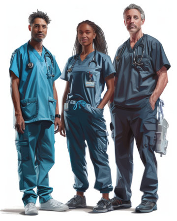 Multiethnic Medical Team of Three: Experienced Professionals in Scrubsの写真素材