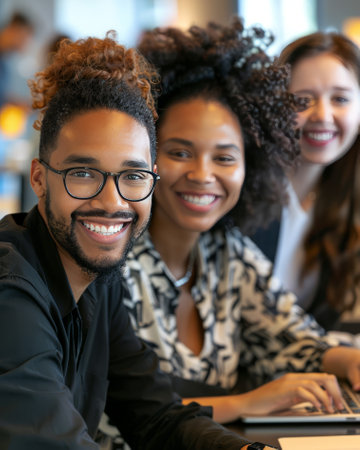 A dynamic and diverse team that enjoys collaborating in a modern officeの写真素材