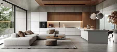 "Contemporary Open-Plan Kitchen and Living Area with Elegant Wood Accents and Panoramic Windows. This image captures the seamless integration of a modern kitchen with an open-plan living area, featuring panoramic windows that showcase lush outdoor views, complemented by elegant wood accents and designer furniture.の写真素材