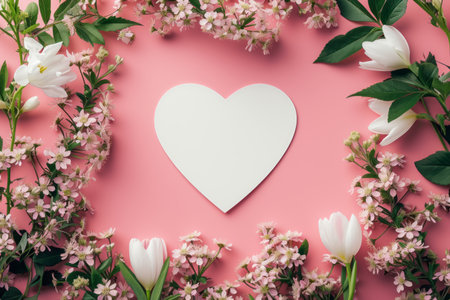 Top view of a blank Valentines Day card surrounded by a colorful assortment of flowers on a textured background. A flat, blank Valentines Day card framed with vibrant spring flowers on a textured surface offers personalized messages. Copy space. Mockup.の写真素材