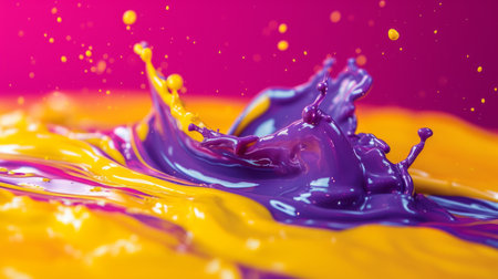Vibrant splashes of yellow paint on a vibrant purple background convey dynamic movement and energy.の写真素材