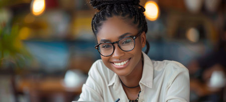 Confident young professional woman with glasses smiling at camera, city cafe atmosphereの写真素材