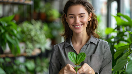 Cheerful Young Woman with a Green Plant in a Lush Indoor Gardenの写真素材